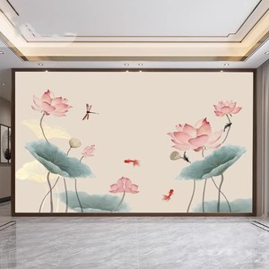 新中式墙纸客厅电视背景墙壁纸淡雅卧室沙发壁画工笔荷花蜻蜓墙布