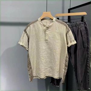夏季亚麻衬衫男士短袖t恤日式简约前短后长棉麻潮流拼色半袖衬衣