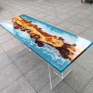 雕塑茶板会议茶桌子树脂茶桌大板感应流水桌椅木板果盘小矮凳简约