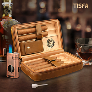 TISFA雪茄盒保湿套装雪松木雪茄剪多功能打火机旅行便携6支装皮包