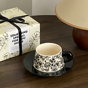 法式复古素描繁花咖啡杯碟套装黑色高档精致下午茶陶瓷杯子