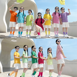 糖果色t恤儿童亲子装幼儿园小学运动会表演定制图案彩色t恤演出服