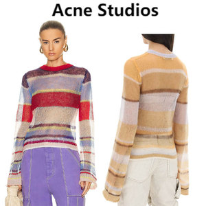 Acne Studios早秋圆领套头镂空拼色彩虹条纹甜美长袖透视薄款毛衣