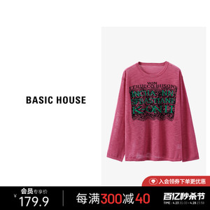 Basic House/百家好字母印花针织T恤女春季时尚圆领长袖上衣