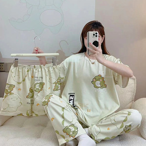 睡衣女生韩版卡通短袖长裤居家服三件套装
