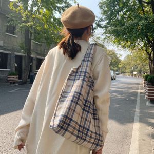 新款韩版复古英伦格子帆布包女学生单肩简约ins百搭大容量手提包