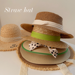 复古拉菲草帽女夏季度假风帽子海边沙滩拍照法式平顶大帽檐渔夫帽