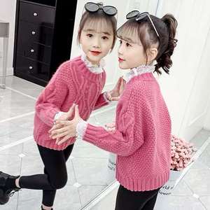 韩系新款套装秋装女童毛衣蕾丝领春秋新款中大童韩版套头纯色洋气