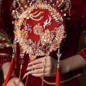中式结婚礼喜扇团扇成品高端刺绣长柄双圈双面古风宫扇DIY材料包