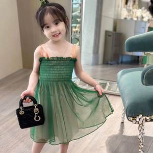新款春夏儿童连衣裙女孩真丝两件套绿色吊带高定礼服裙纱裙公主裙