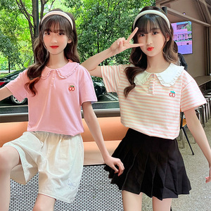 韩系夏季女童短袖POLO衫上衣娃娃领棒球服网球服棉质中大童条纹衫