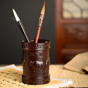 黑檀木雕五牛笔筒工艺品办公室书桌家居客厅木质中式笔筒摆件送礼