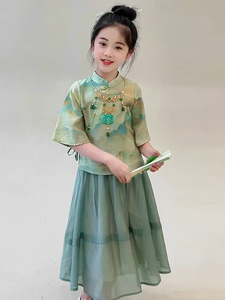 女童汉服套装夏季2024新款小女孩新中式国风水墨画唐装两件套洋气