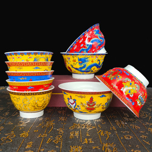 藏式八吉祥陶瓷碗民族风酥油茶碗藏族八宝茶碗供碗藏餐厅餐具饭碗