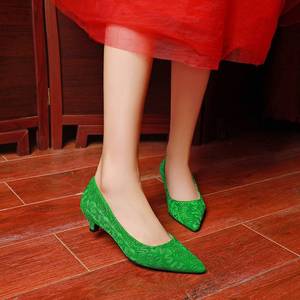 绿鞋婚鞋女绿色高跟中式结婚鞋子粗跟细跟新娘鞋平跟孕妇秀禾单鞋