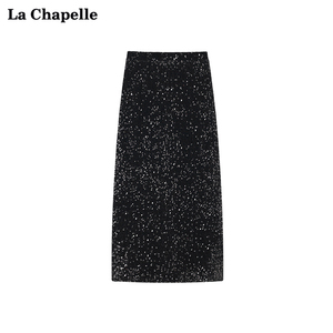 拉夏贝尔/La Chapelle亮片后开叉丝绒中长款半裙女高腰显瘦包臀裙