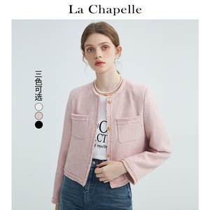 拉夏贝尔/La Chapelle法式气质圆领红色小香风外套女春休闲短夹克