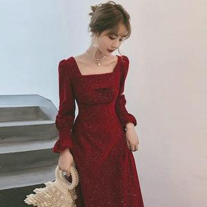春秋新款小礼服裙子长版优雅气质方领酒红色洋装收腰显瘦连衣裙子