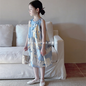 巴拉巴柆清货木西童品2024夏韩国版女童宝宝梦幻蓝色涂鸭背心裙可