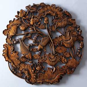 东阳木雕挂件香樟木头雕刻画工艺品中式客厅玄关墙壁装饰连年有余