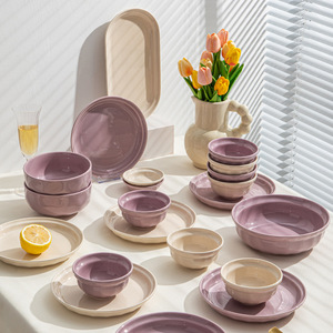 日式碗高颜值碗碟套装简约奶油风陶瓷餐具碗盘子组合家用餐厅批发