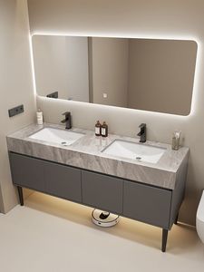 岩板双盆浴室柜组合公共卫生间落地式洗脸洗手池洗漱台实木多层柜