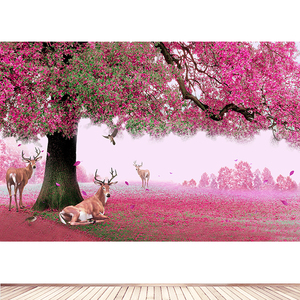 粉色樱花装饰画大树梅花鹿红叶风景画电视背景墙客厅卧室墙贴壁画