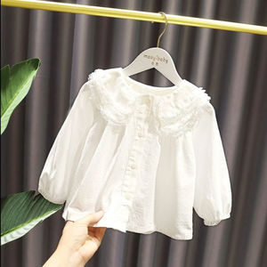 女童春装衬衫2024新款小儿童棉制长袖衬衣女宝宝娃娃领白色上韩范