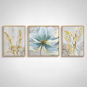 手绘油画客厅沙发背景墙美式轻奢装饰画欧式三联挂画蓝色花卉牡丹