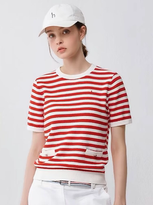 Hazzys哈吉斯条纹纯棉针织衫女春夏季新品宽松版圆领红色短袖T恤