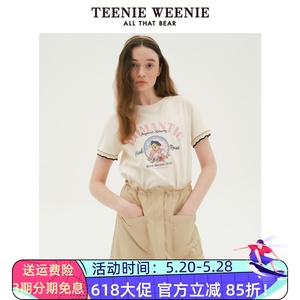 TeenieWeenie小熊女装2024夏新款花边短袖T恤刺绣印花TTRW246315N