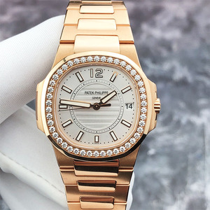 o百达翡丽玫瑰优雅系列701018k鹦鹉螺女款运动金镶钻日期石英机芯