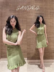 法国sandro半身裙春夏波浪纹荷叶边橄榄绿针织短裙SFPJU01120