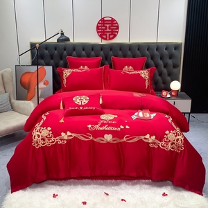 高端新婚房床上四件套简约全棉大红刺绣被套公主床罩中式结婚家纺