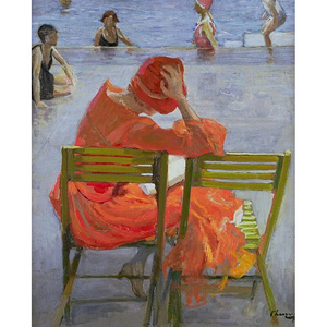 人物美女油画约翰·拉维里游泳池边读书的红衣服女孩