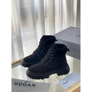 Hogan/霍根 23秋冬新款麂皮系带短靴女士羊羔毛粗跟马丁靴雪地靴