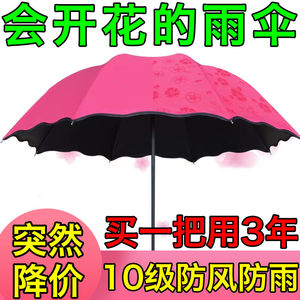 遇水开花雨伞女士遮阳伞太阳伞防晒黑胶三折叠防紫外线晴雨两用伞
