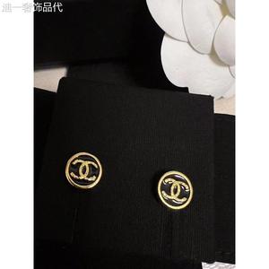 法国代购Chanel/香奈儿新款金色圆形耳钉黑色双c浮雕耳环