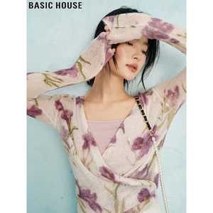 Basic House/百家好时装画报镂空V领薄款冰丝长袖针织衫上衣女夏