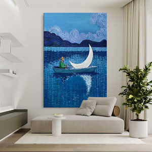 老人与海手绘油画客厅蓝色大海装饰壁画玄关抽象月亮小船肌理挂画