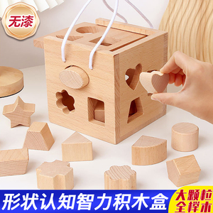 实木无漆形状配对智力盒积木玩具榉木认知启蒙早教益智脑力开发