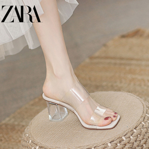 ZARA正品凉鞋女夏季平底2024新款软皮水晶透明高跟鞋女凉拖鞋外穿