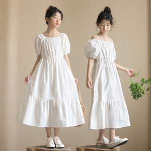女童短袖白色连衣裙2024年新款亲子装夏季小清新宽松海滩少女长裙
