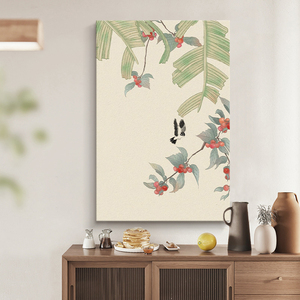 新中式樱桃纯手绘油画芭蕉叶玄关装饰画客厅卧室壁画肌理喜鹊挂画