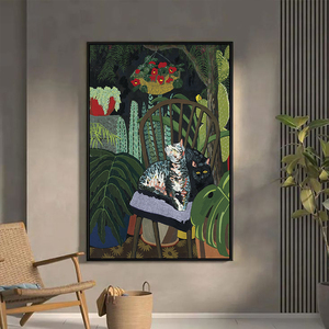 马蒂斯抽象派猫咪手绘油画侘寂风客厅装饰画玄关小众绿色植物挂画