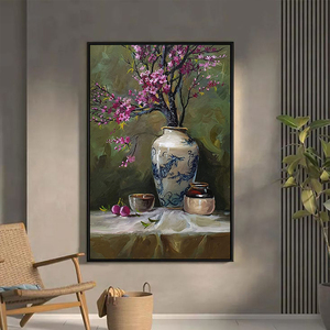 中古风青花陶瓷花瓶客厅装饰画玄关花卉手绘油画法式复古餐厅挂画