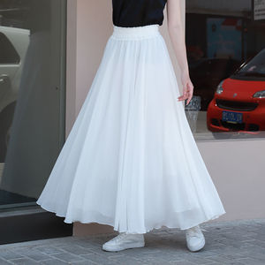 雪纺半身裙2024超仙白色长裙大码半裙舞蹈裙裙子女夏季高腰荷叶边