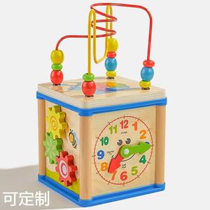 早教儿童木质时钟多功能绕珠玩具百宝箱1-6岁四面游戏串珠盒定制