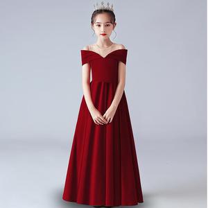 定制儿童礼服小主持人公主裙女童钢琴演奏表演红色晚礼服欧美轻奢