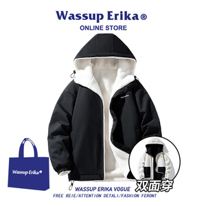 WASSUP ERIKA双面两穿棉服男款冬季带帽加绒加厚保暖防水外套男生